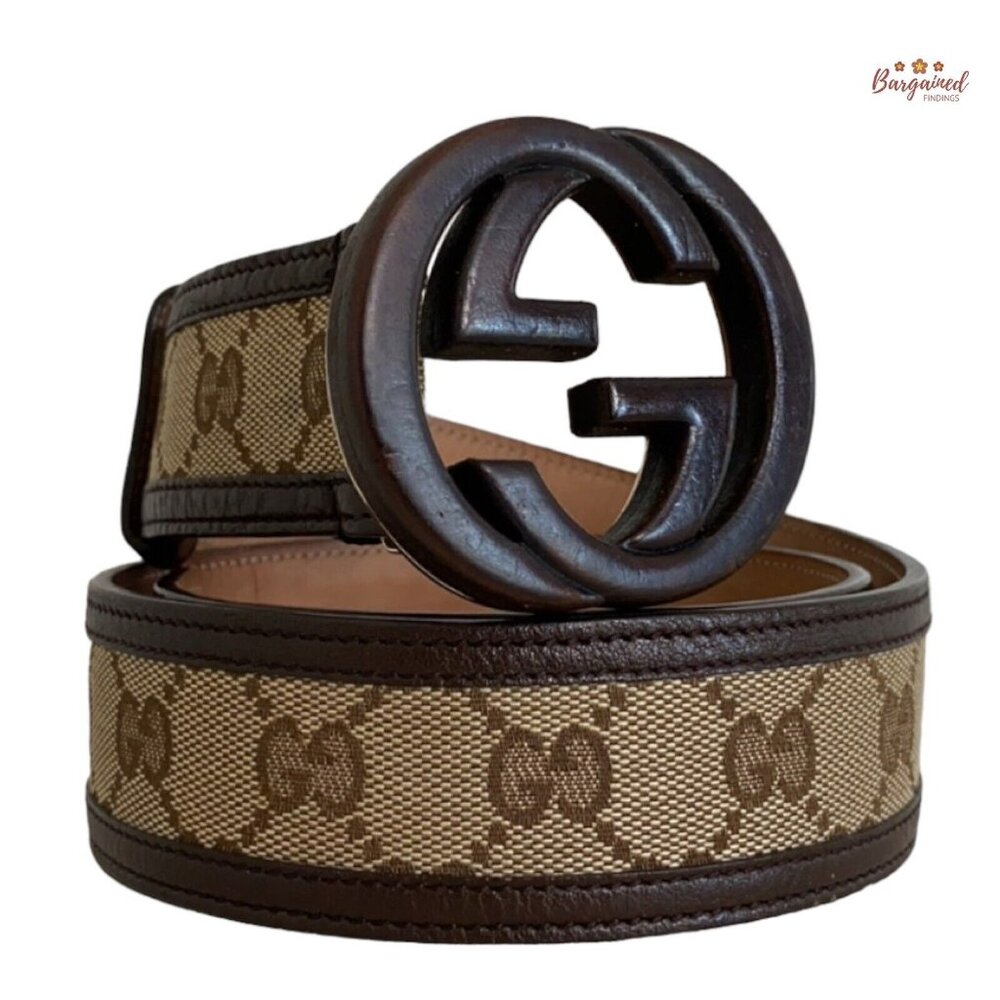 Authentic GUCCI Brown Monogram Canvas Bamboo Interlocking G Buckle Belt 80/32